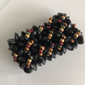 Handmade Ethiopian black maroon wood bead stretchy large bracelet